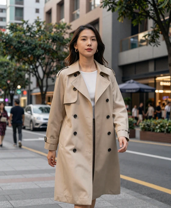 Stylish Taiwanese woman walking through modern Taipei streets, reflecting the blend of contemporary confidence and cultural elegance