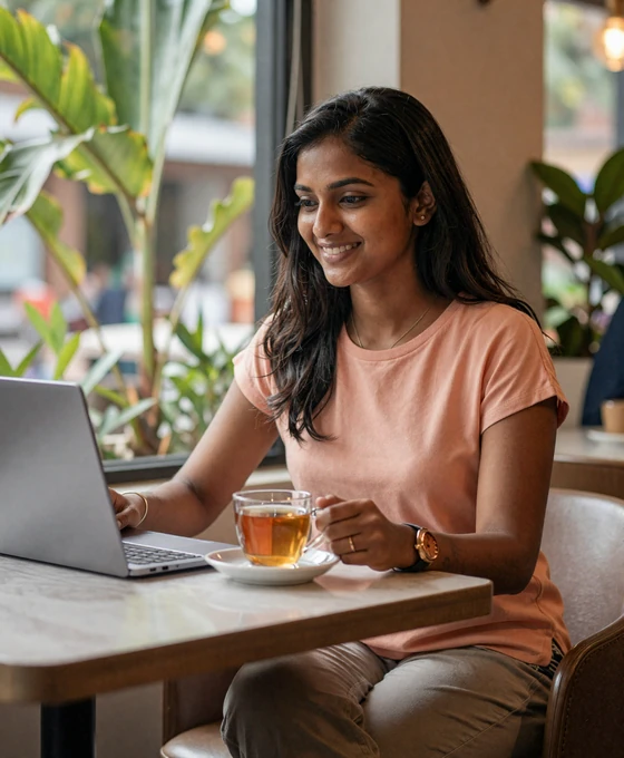 Sri Lankan woman working at a modern cafe in Colombo with Ceylon tea, showing the blend of tradition and contemporary lifestyle