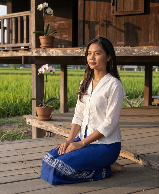 Laotian woman in traditional sinh skirt relaxing on a wooden veranda overlooking green rice paddies in Laos