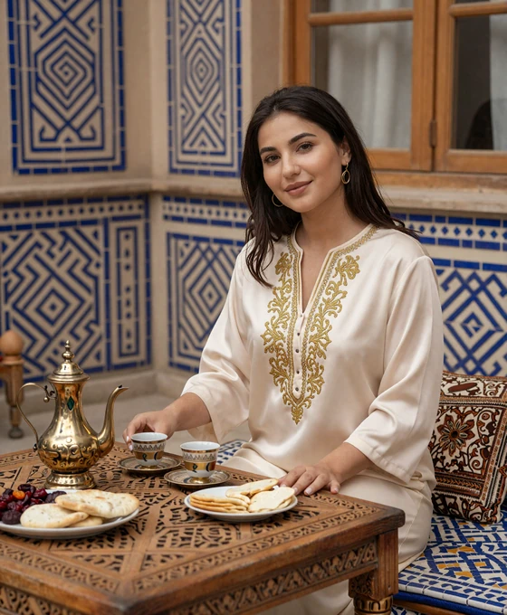 Uzbek woman enjoying traditional tea in a courtyard with ornate blue mosaic tiles and brass teapot in Samarkand