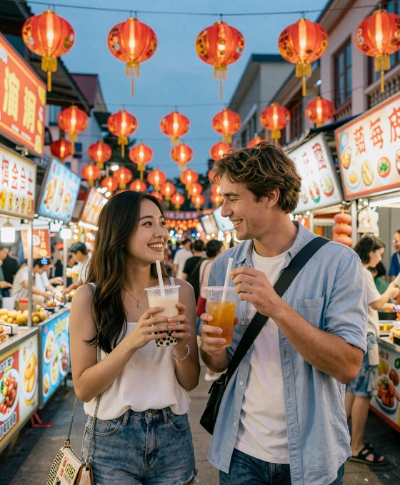 Couple enjoying Taiwanese night market food together, sharing bubble tea and street food under warm lantern light