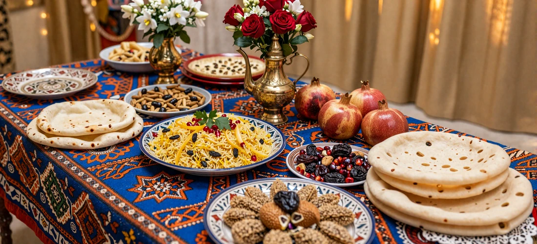 Traditional Tajik wedding feast dastarkhan with plov, flatbread, dried fruits, nuts, and ornate ceramic serving dishes