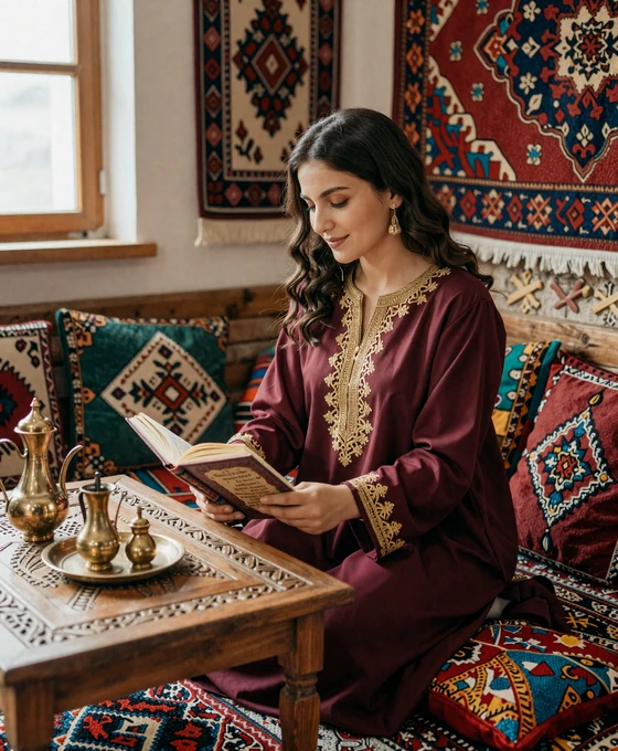 Tajik woman reading Persian poetry in a traditional Tajik home decorated with suzani tapestries and handwoven carpets