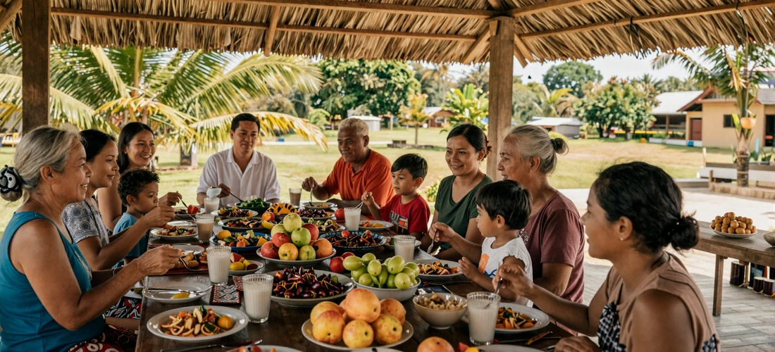 Timorese extended family sharing a traditional Sunday meal together outdoors under a palm-thatched shelter in Timor-Leste