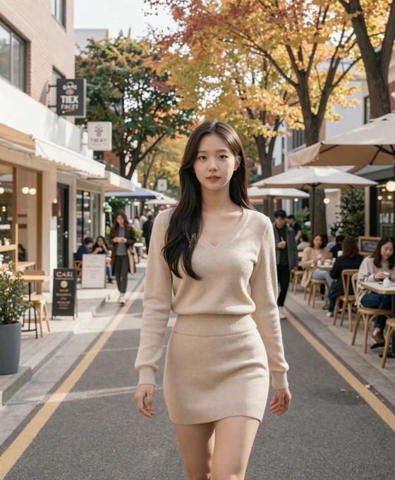 Stylish Korean woman walking through a trendy Seoul neighborhood with modern cafes and autumn foliage