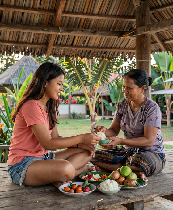 Laotian mother and daughter sharing a traditional sticky rice meal on a wooden platform in a lush garden setting
