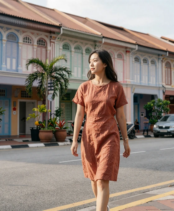 Singaporean woman walking through colorful Peranakan shophouse district in modern casual attire