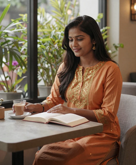 Bangladeshi woman reading at a modern cafe in Dhaka, showing the blend of tradition and contemporary lifestyle