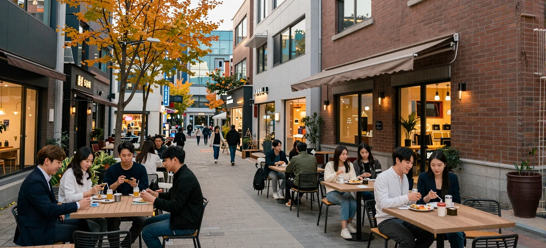 Modern Seoul street scene in Gangnam district with stylish cafes and autumn atmosphere representing contemporary Korean dating culture