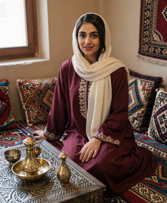 Afghan woman in traditional embroidered dress enjoying tea in a beautifully decorated Afghan home with handwoven carpets