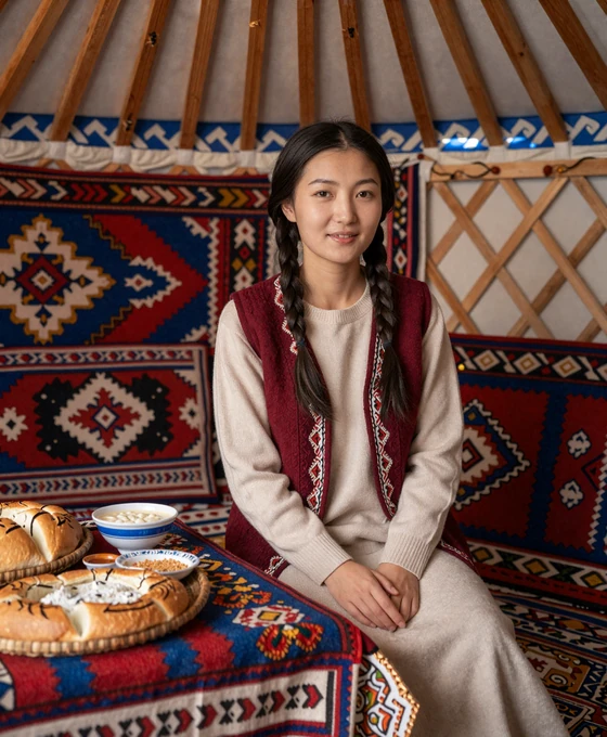 Kyrgyz woman in traditional felt vest sitting inside a beautifully decorated yurt with colorful shyrdak carpets and traditional food