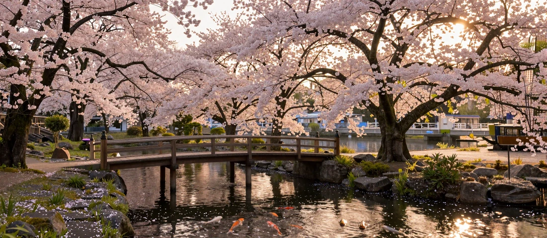 Serene Japanese park with cherry blossoms in full bloom over a tranquil pond, a traditional setting for kokuhaku confessions