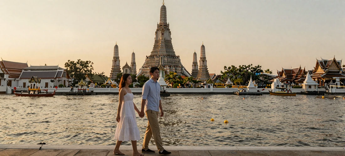 Couple walking along the Chao Phraya River near Wat Arun temple in Bangkok at golden hour, representing romantic Thai dating culture