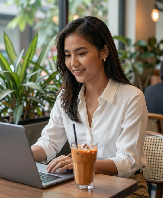 Modern Thai woman working at a stylish Bangkok cafe, reflecting the blend of contemporary career life and traditional grace