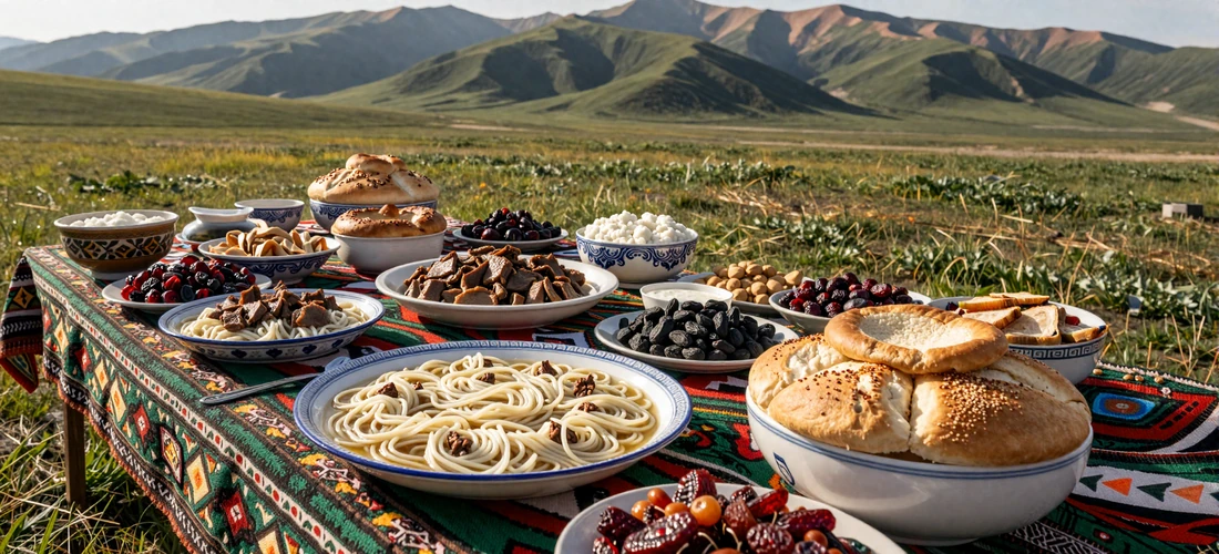 Traditional Kyrgyz wedding feast with beshbarmak, bread, and kumys on a mountain meadow with felt decorations