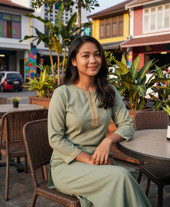 Malaysian woman enjoying an outdoor cafe in Kuala Lumpur surrounded by tropical greenery and vibrant street culture