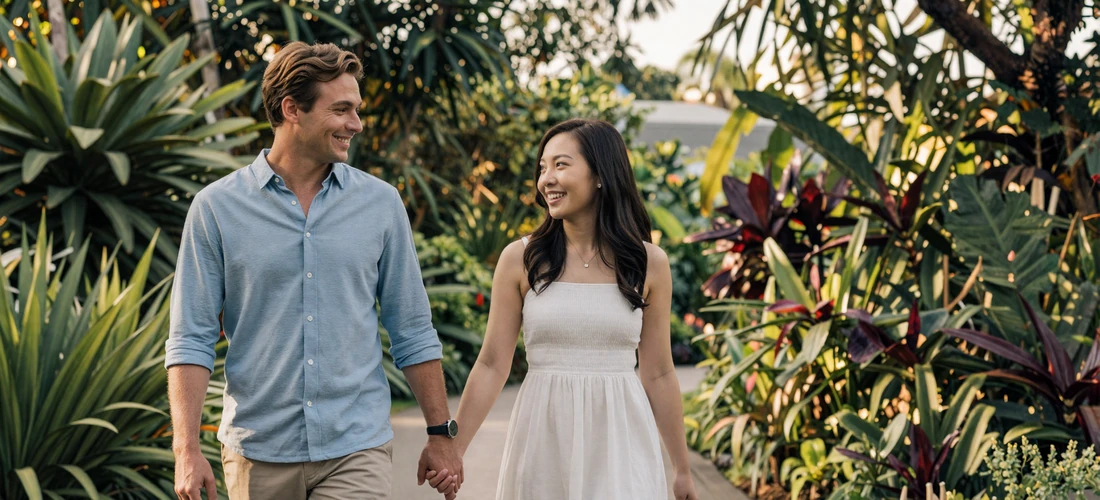 Happy interracial couple walking through Singapore Botanic Gardens at golden hour