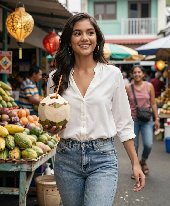 Filipina woman exploring a vibrant Filipino street market, reflecting the warm and joyful everyday culture of the Philippines