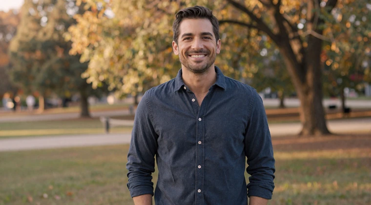 Example of a strong dating profile photo - natural smile, outdoor setting, clean casual clothing, warm natural light
