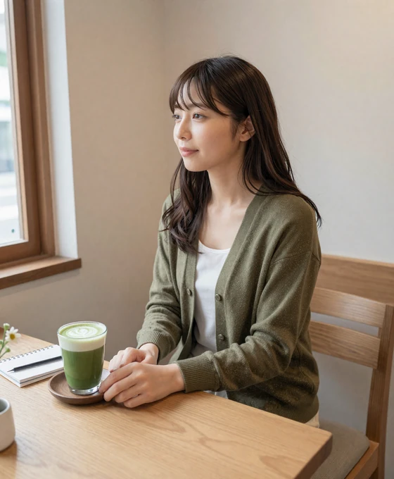 Japanese woman enjoying matcha at a minimalist Tokyo cafe, reflecting the refined simplicity of Japanese lifestyle