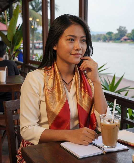 Cambodian woman at a riverside cafe in Phnom Penh, blending modern lifestyle with traditional Khmer elegance
