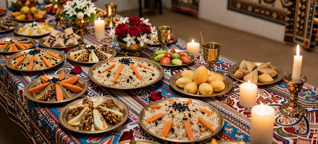 Traditional Afghan wedding feast table with qabili palau, pastries, fruits, and ornate brass serving dishes
